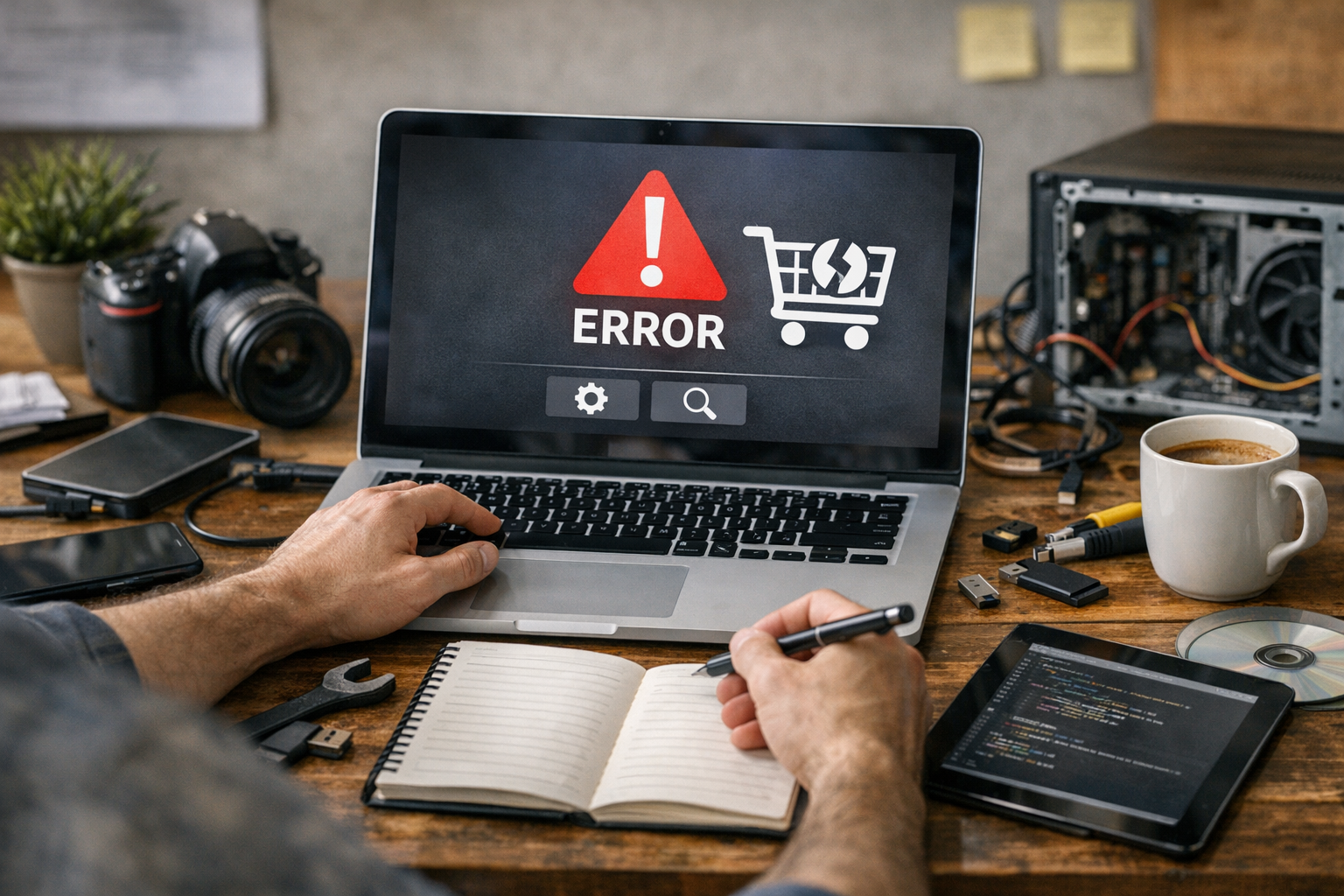 Laptop screen showing an error message with a shopping cart icon and warning symbol.