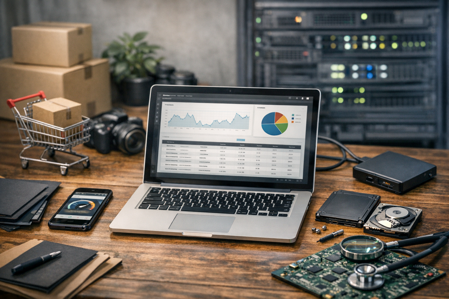 Laptop showing data analytics with charts and graphs on a wooden desk surrounded by various tech items.