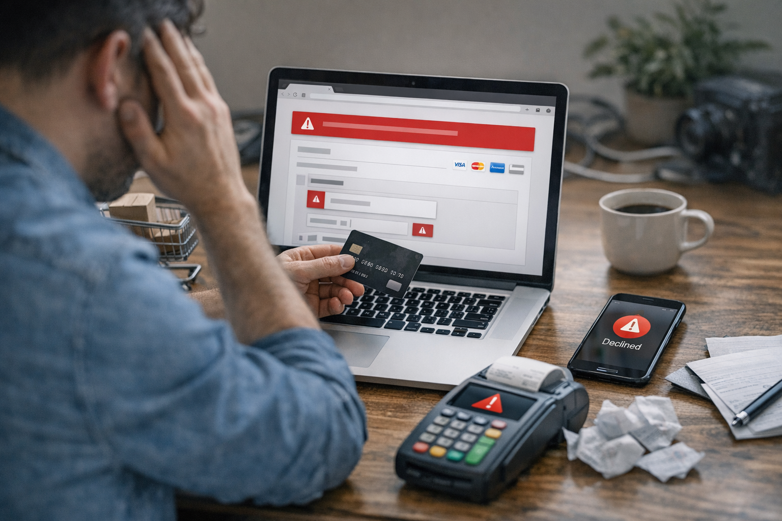 Person holding a credit card with a payment gateway error displayed on a laptop screen and a smartphone.