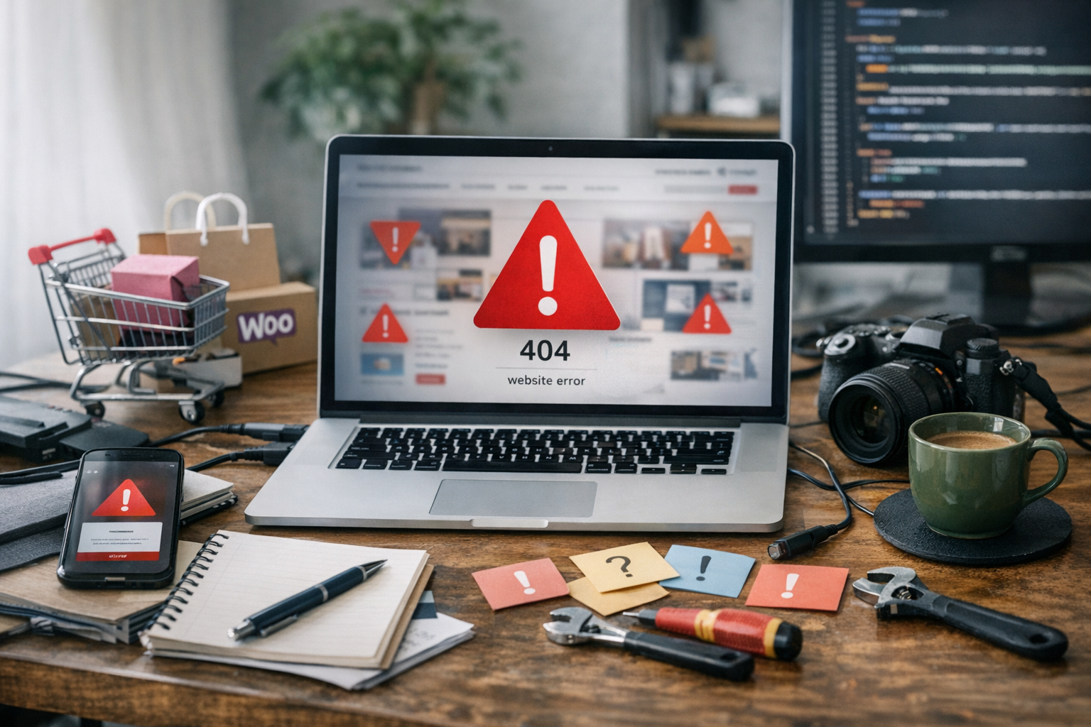 Laptop showing a 404 website error message with warning icons on the screen.