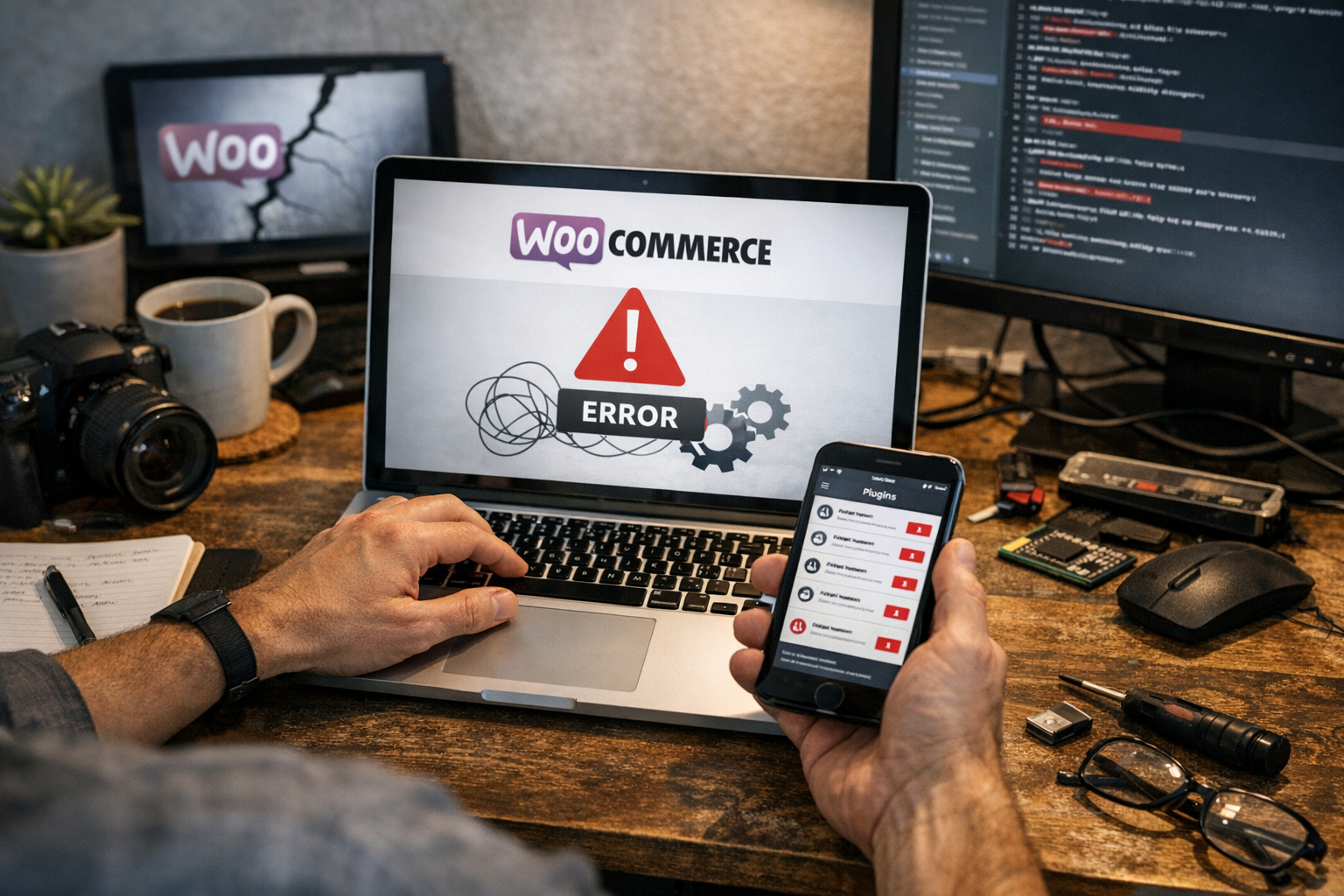 A laptop screen showing a WooCommerce error message with an exclamation mark and gears, alongside a smartphone displaying a list.