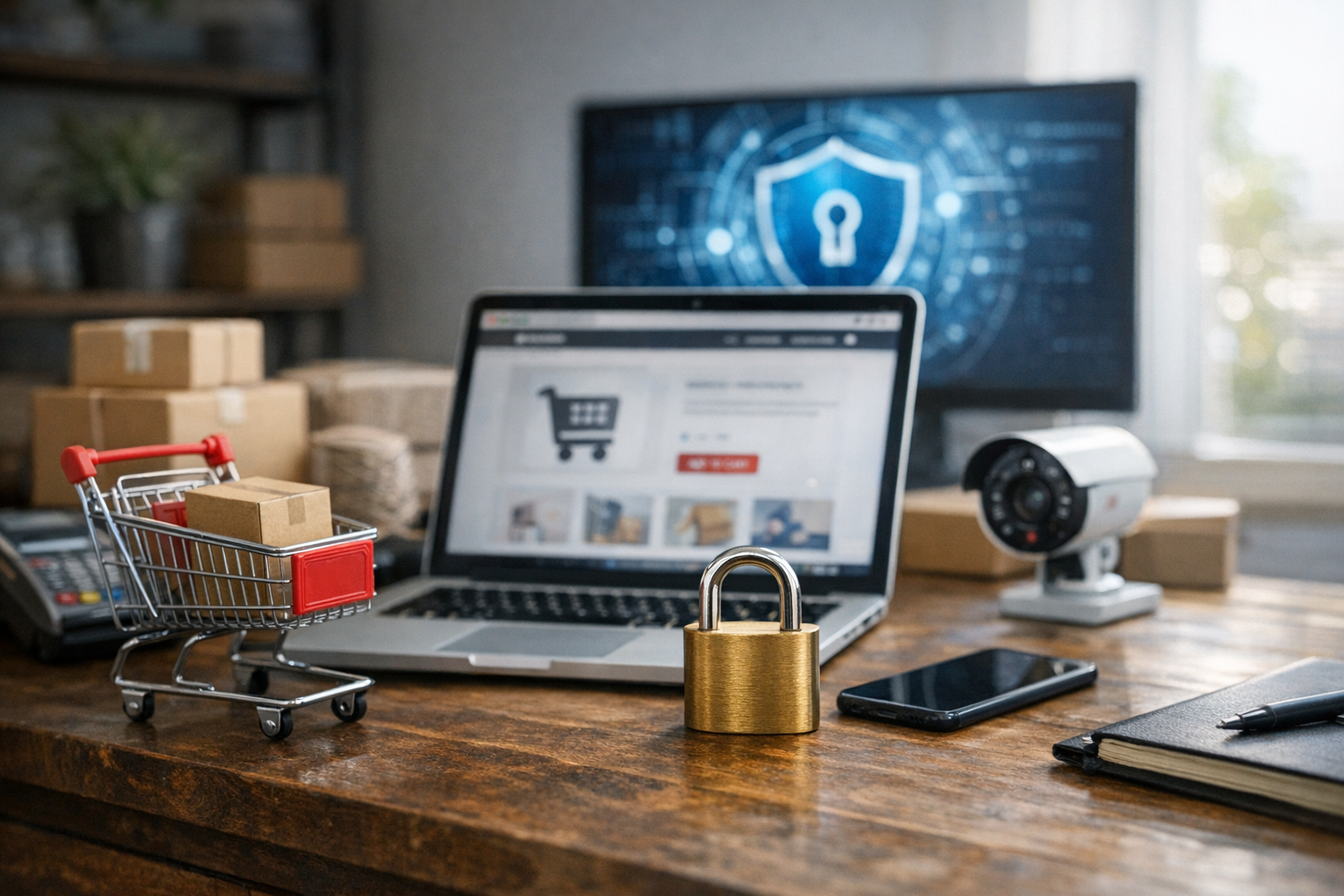 A laptop displaying an online store with a shopping cart and a security lock on a wooden desk.