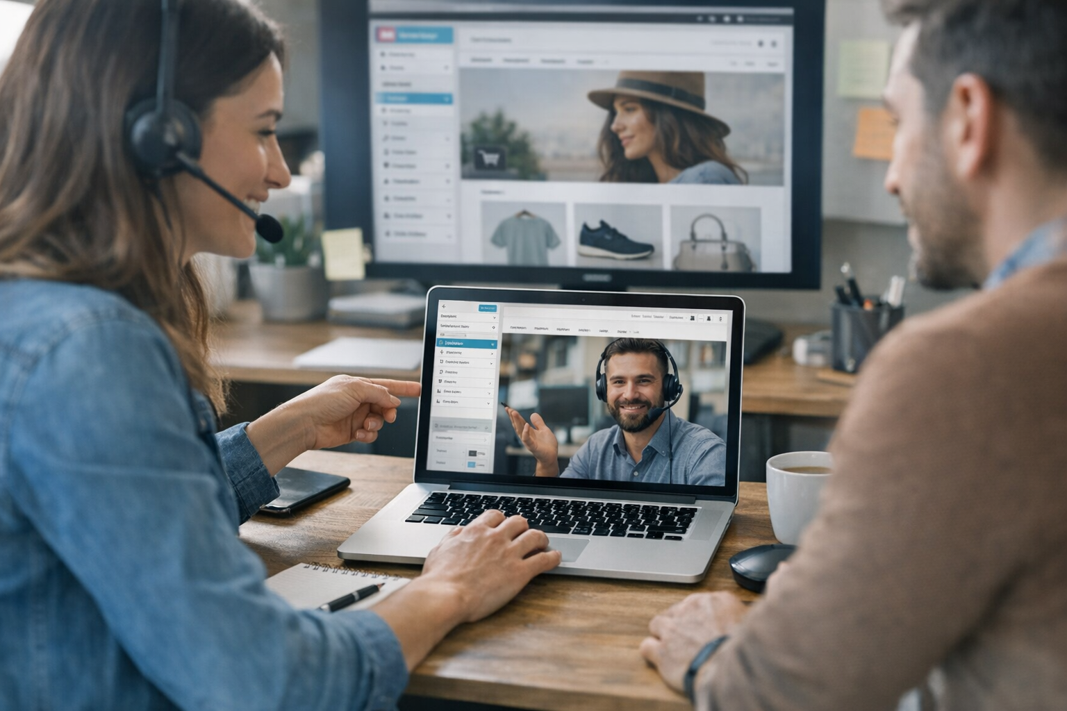 Two individuals participating in a video call on a laptop, one wearing a headset and the other gesturing.